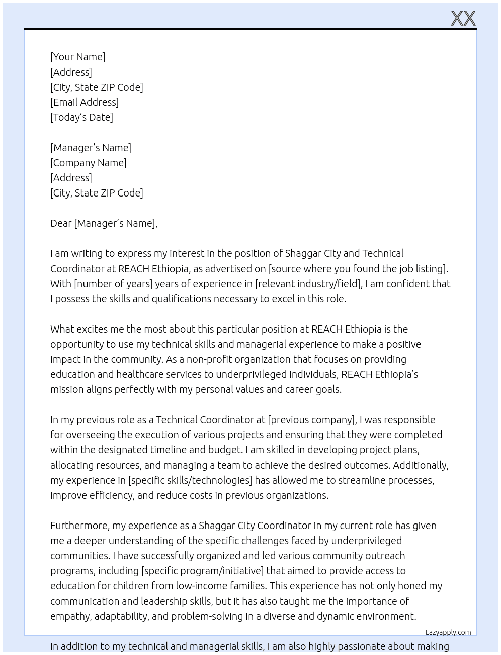 Shaggar City and Technical Coordinator At REACH Ethiopia  Cover Letter