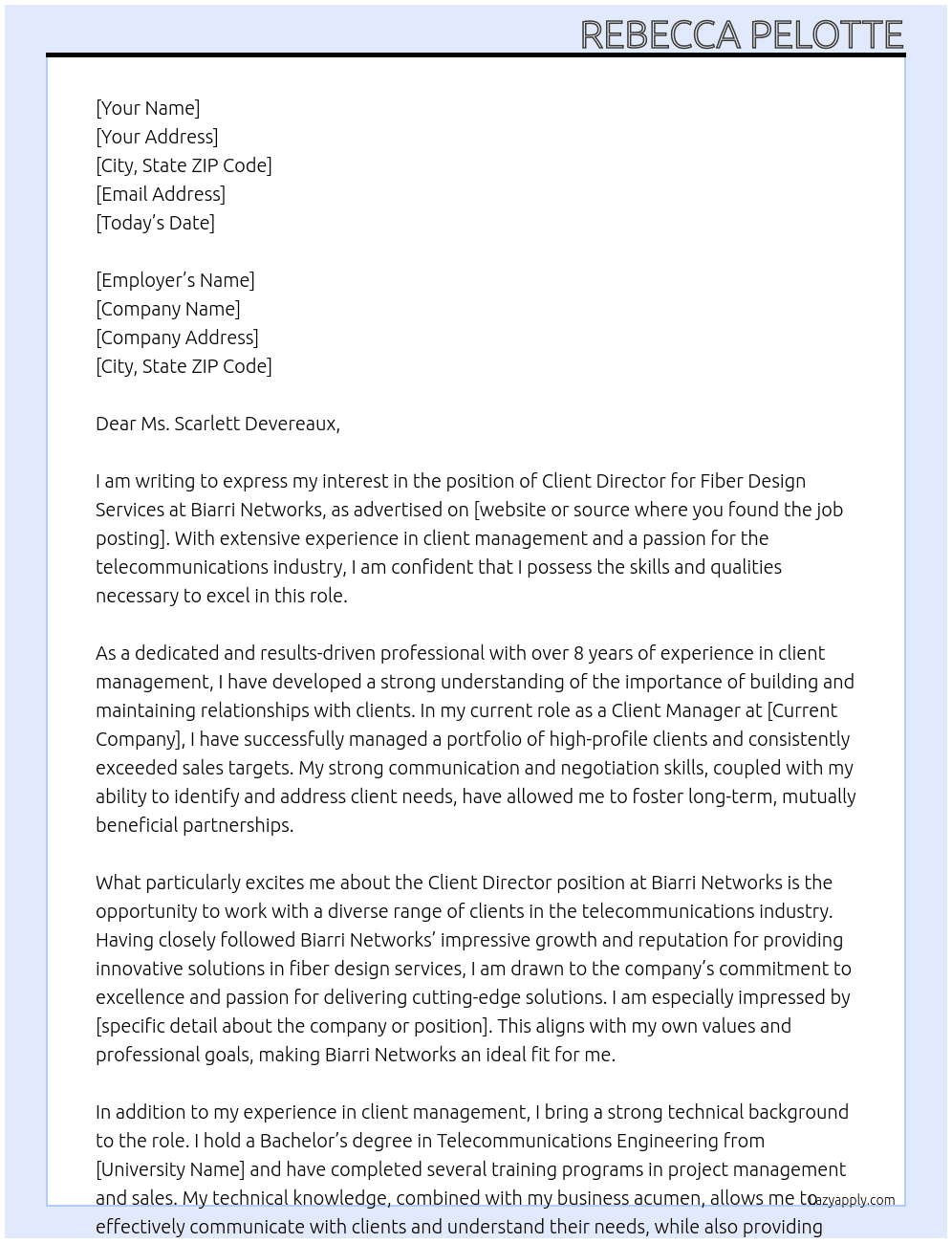 Client Director, Fiber Design Services At Biarri Networks Cover Letter