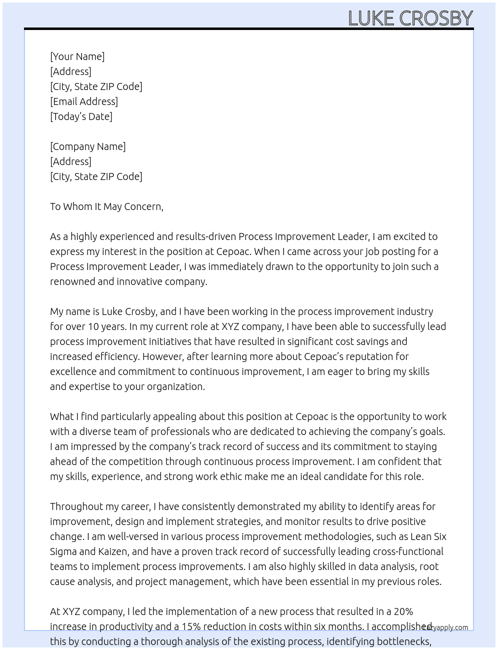 process improvment leader At cepoac Cover Letter