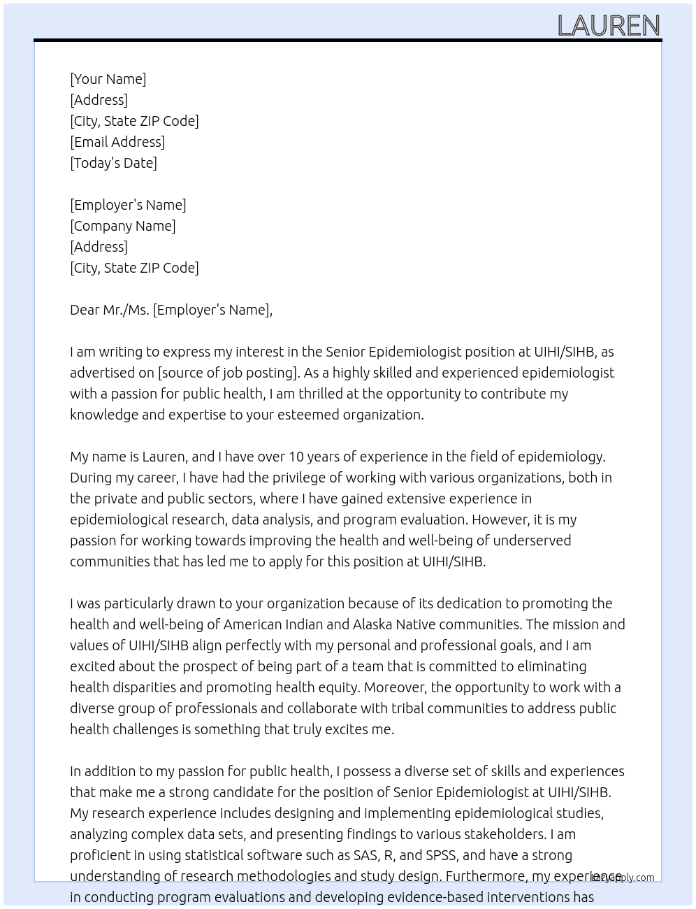 Cover letter for senior epidemiologist - LazyApply