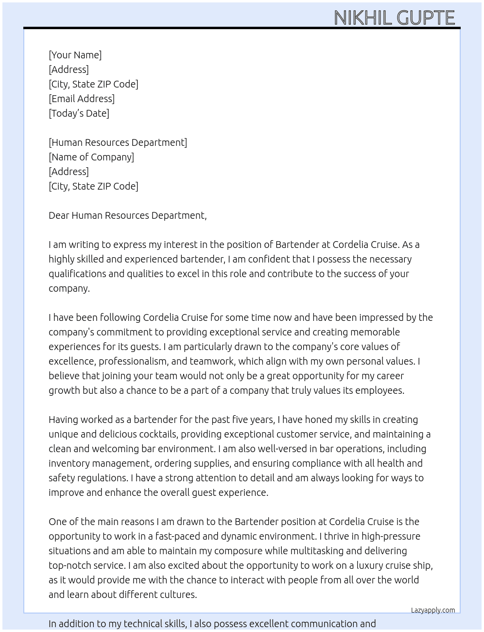 Bartender  At Cordelia Cruise Cover Letter