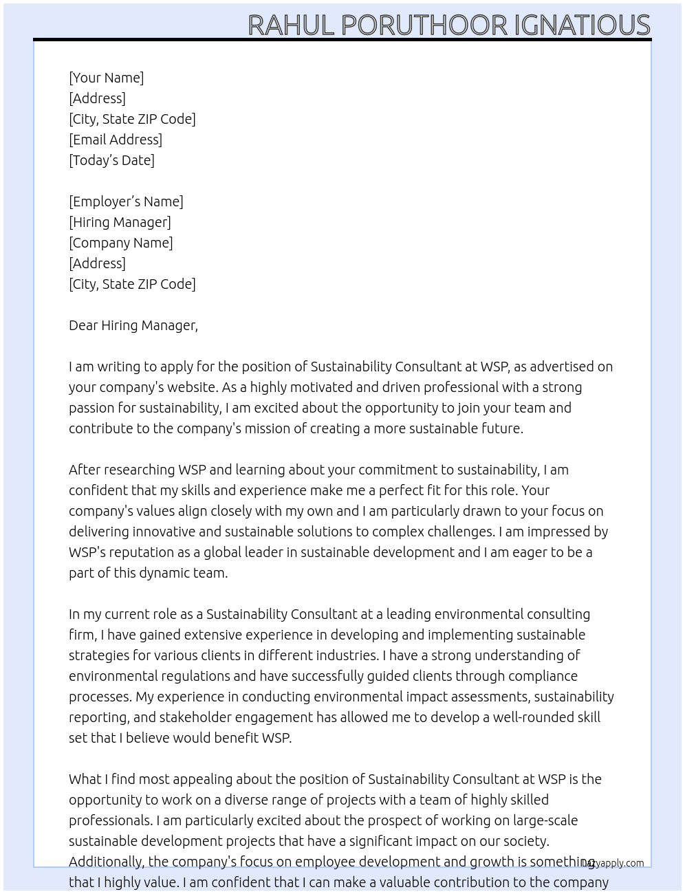 Sustainability Consultant At WSP Cover Letter