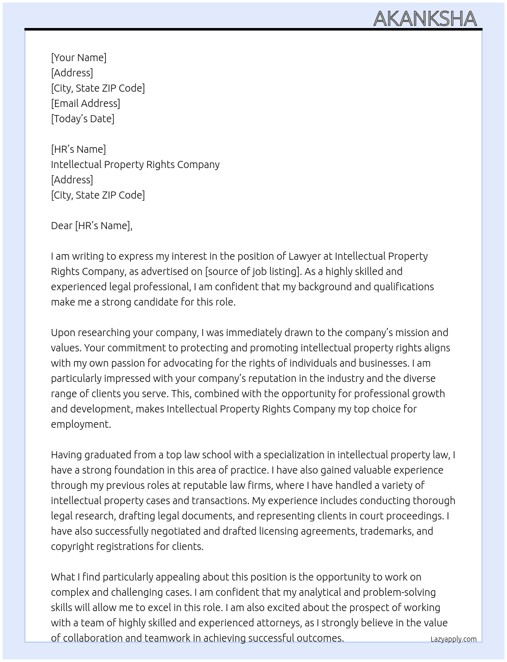 Lawyer At Intellectual property rights company  Cover Letter