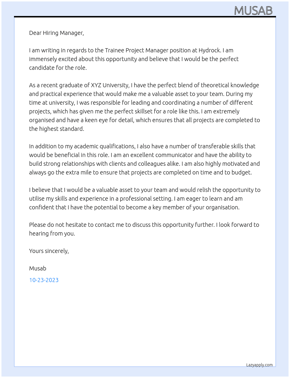 Trainee Project Manager At Hydrock Cover Letter