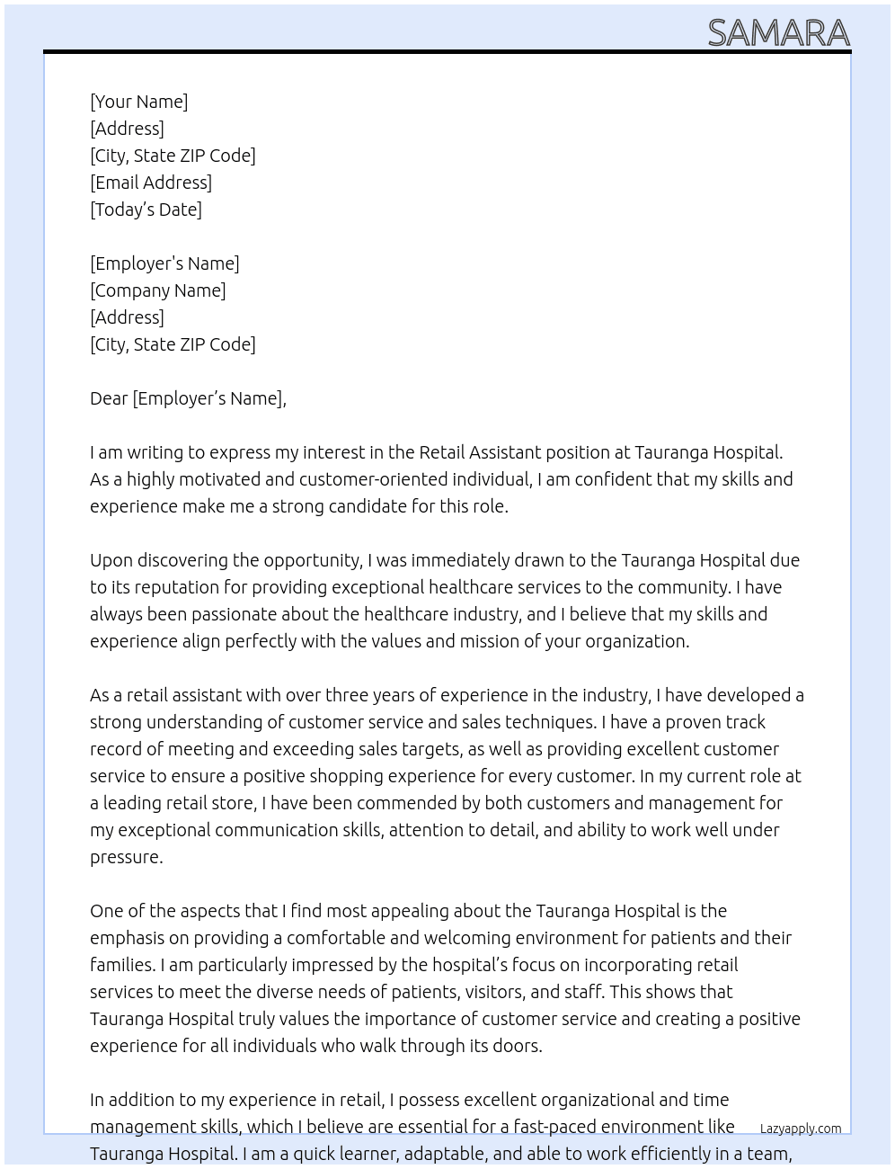 Retail assistent  At Tauranga hospital Cover Letter