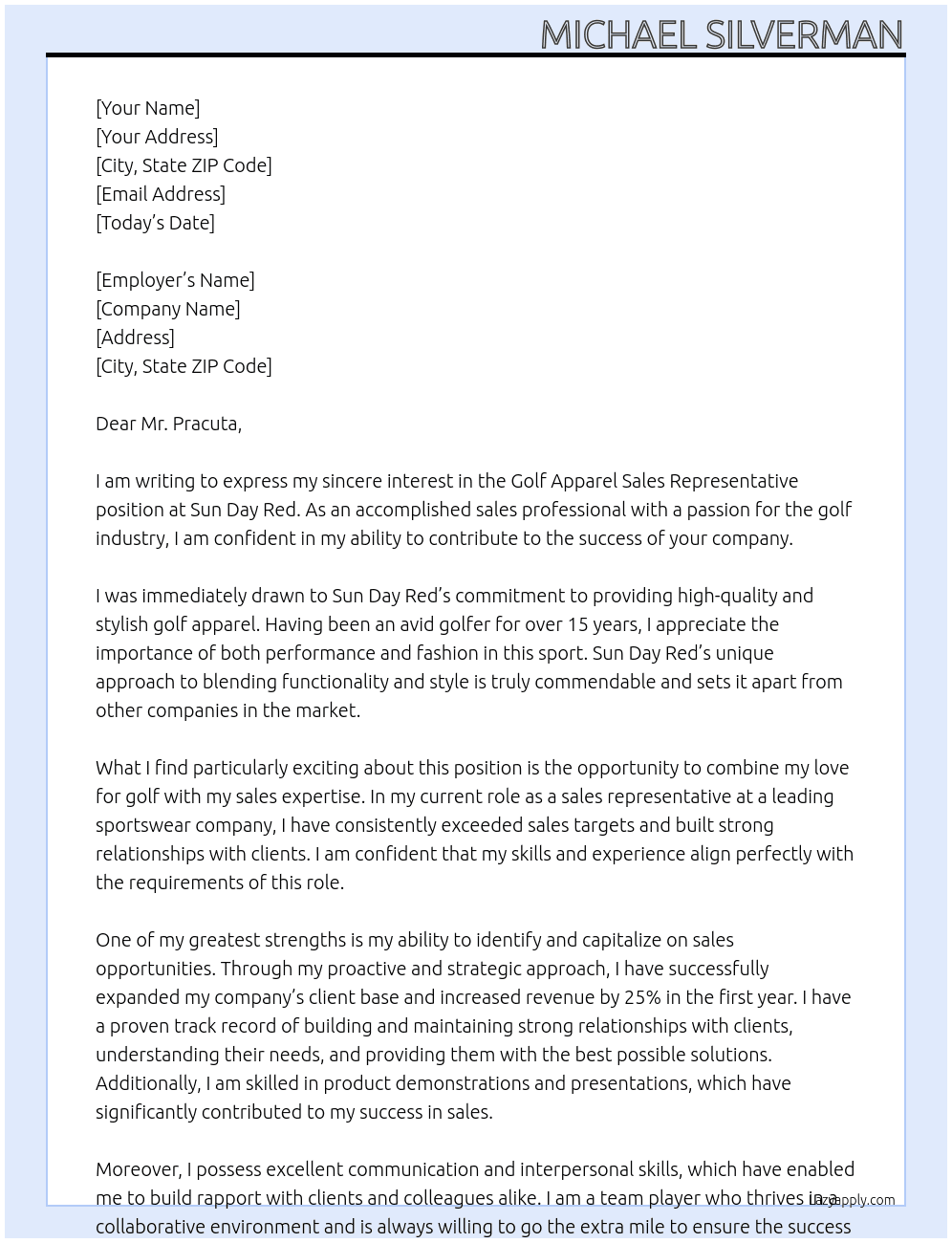 Golf apparel sales rep At Sun Day Red Cover Letter