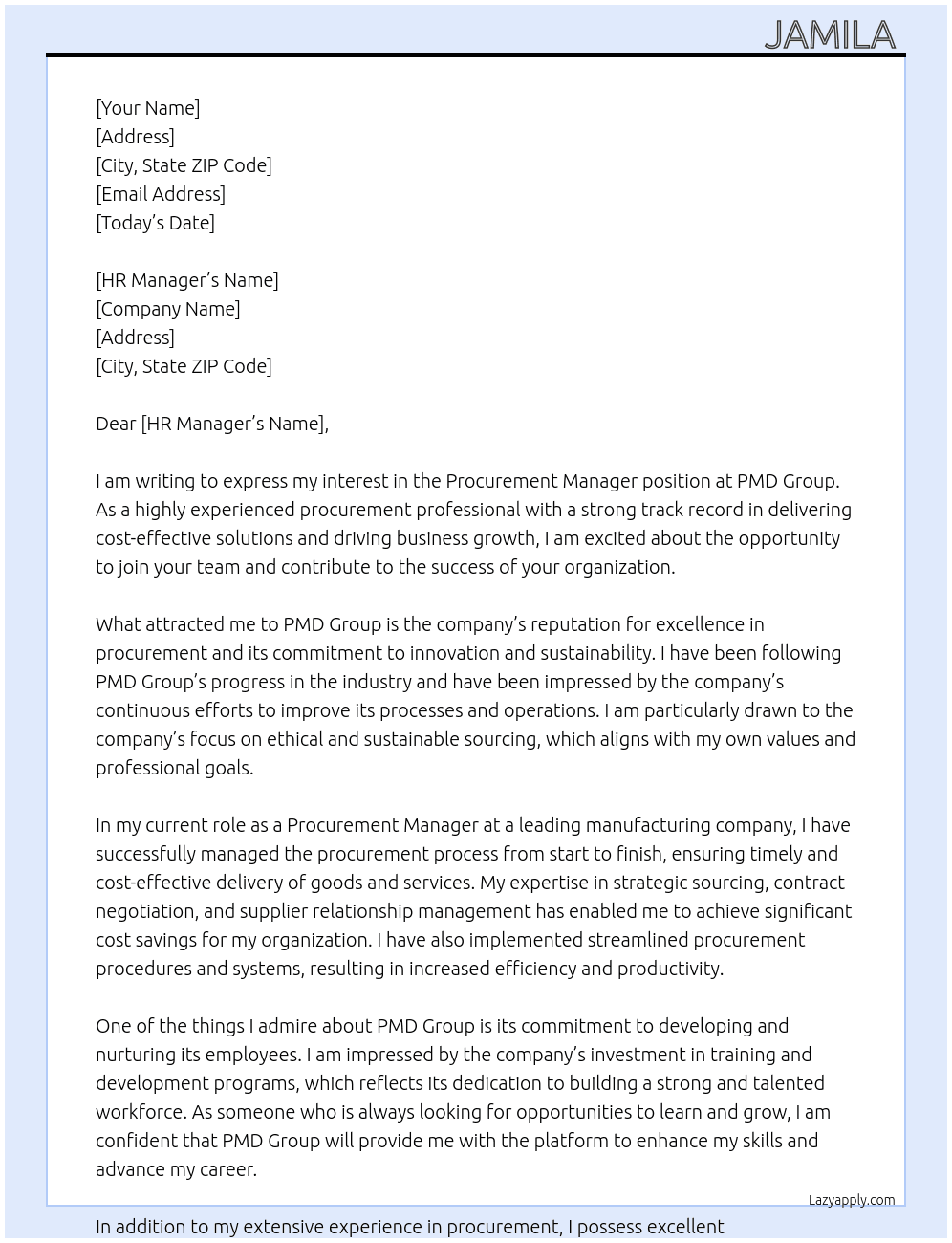 Procurement manager At PMD group Cover Letter
