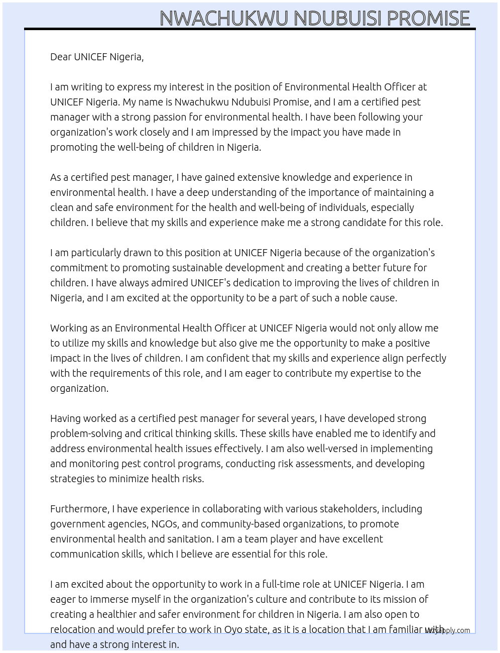 Environmental health officer  At UNICEF Nigeria  Cover Letter