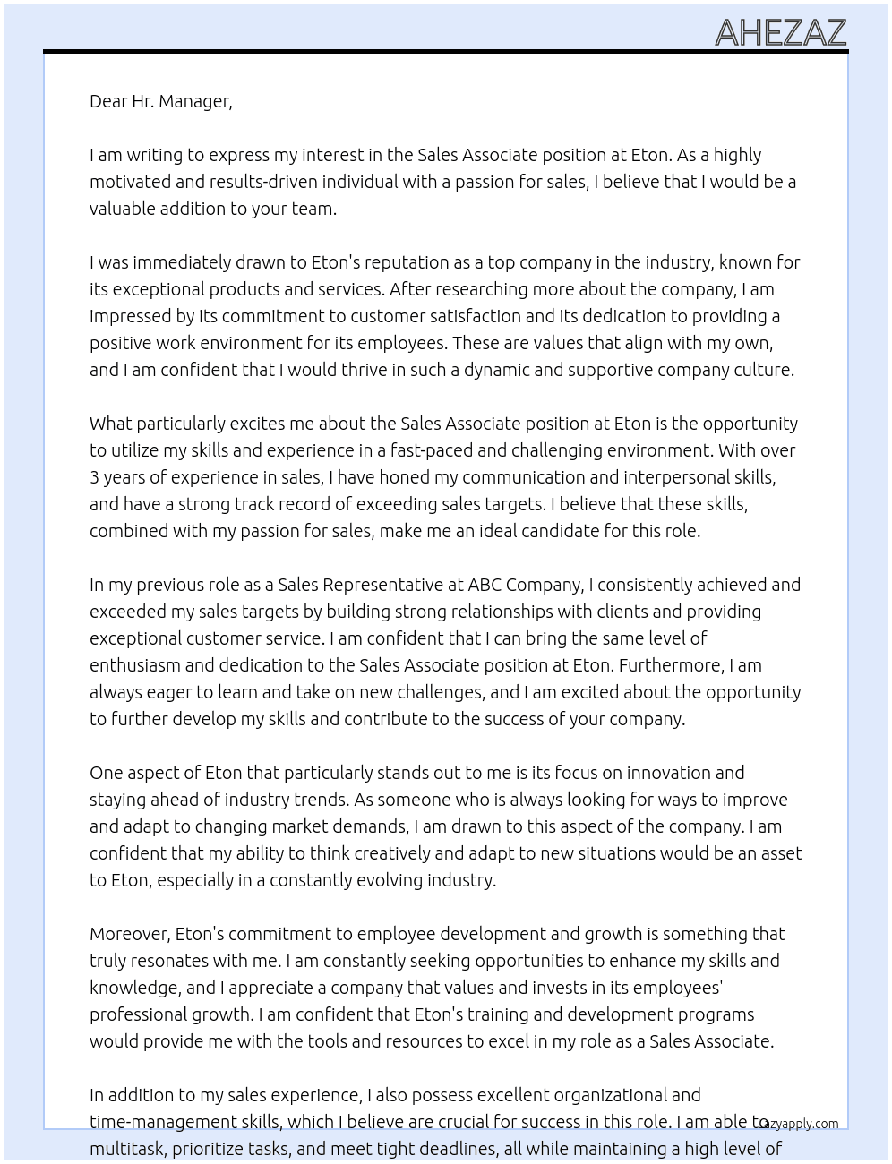 Sales associate  At Eton Cover Letter
