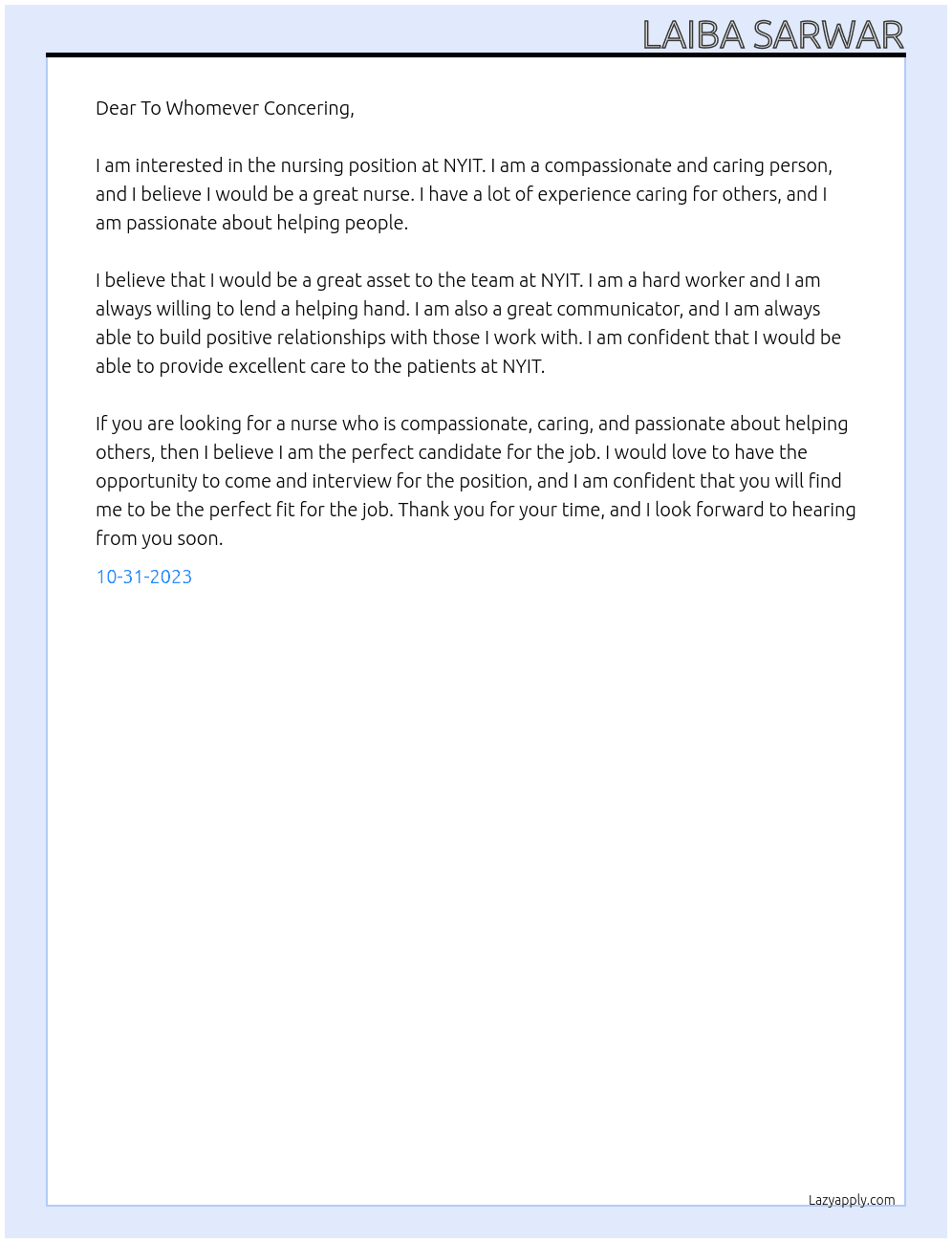 Nursing At NYIT Cover Letter