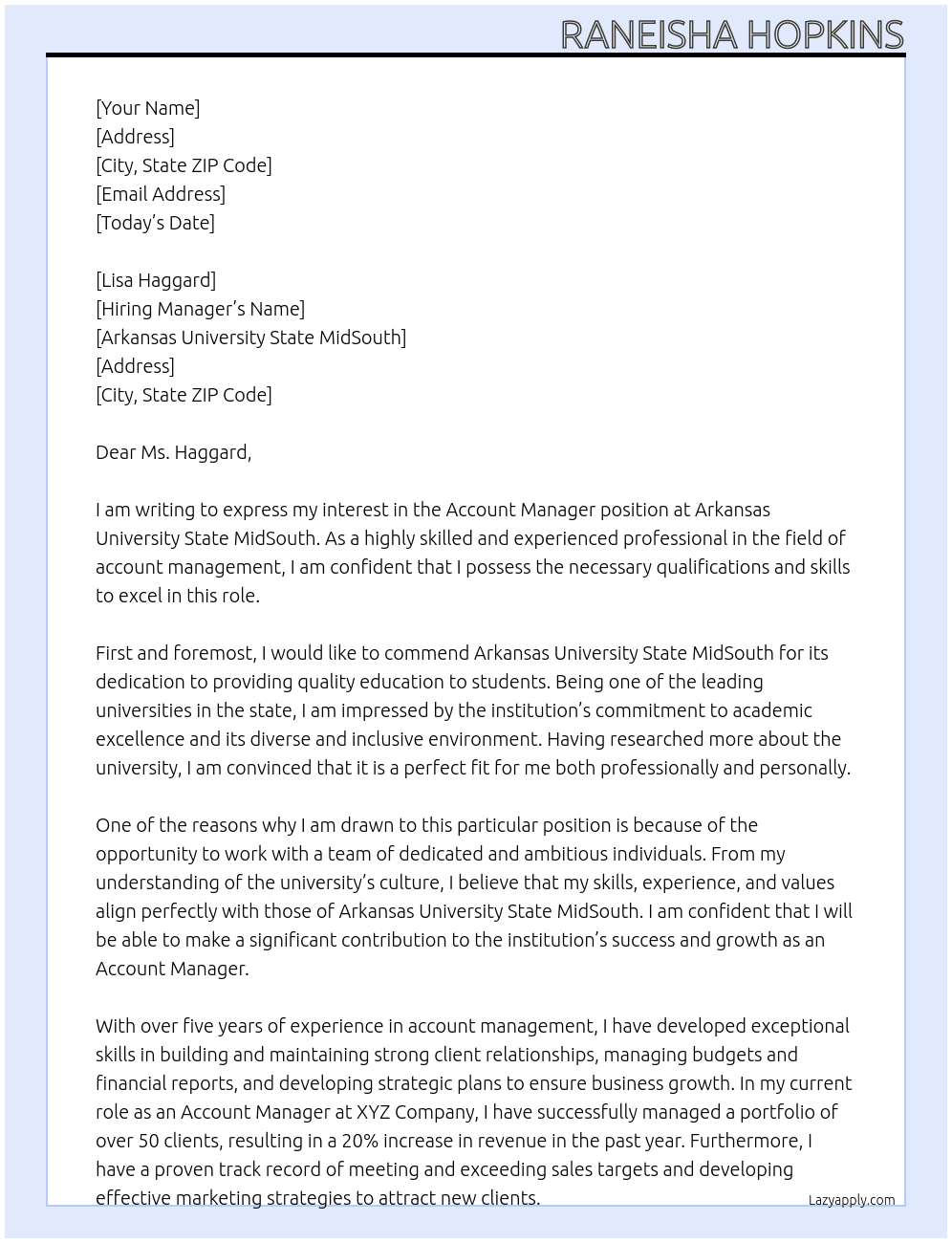 Account Manager  At Arkansas University State MidSouth Cover Letter