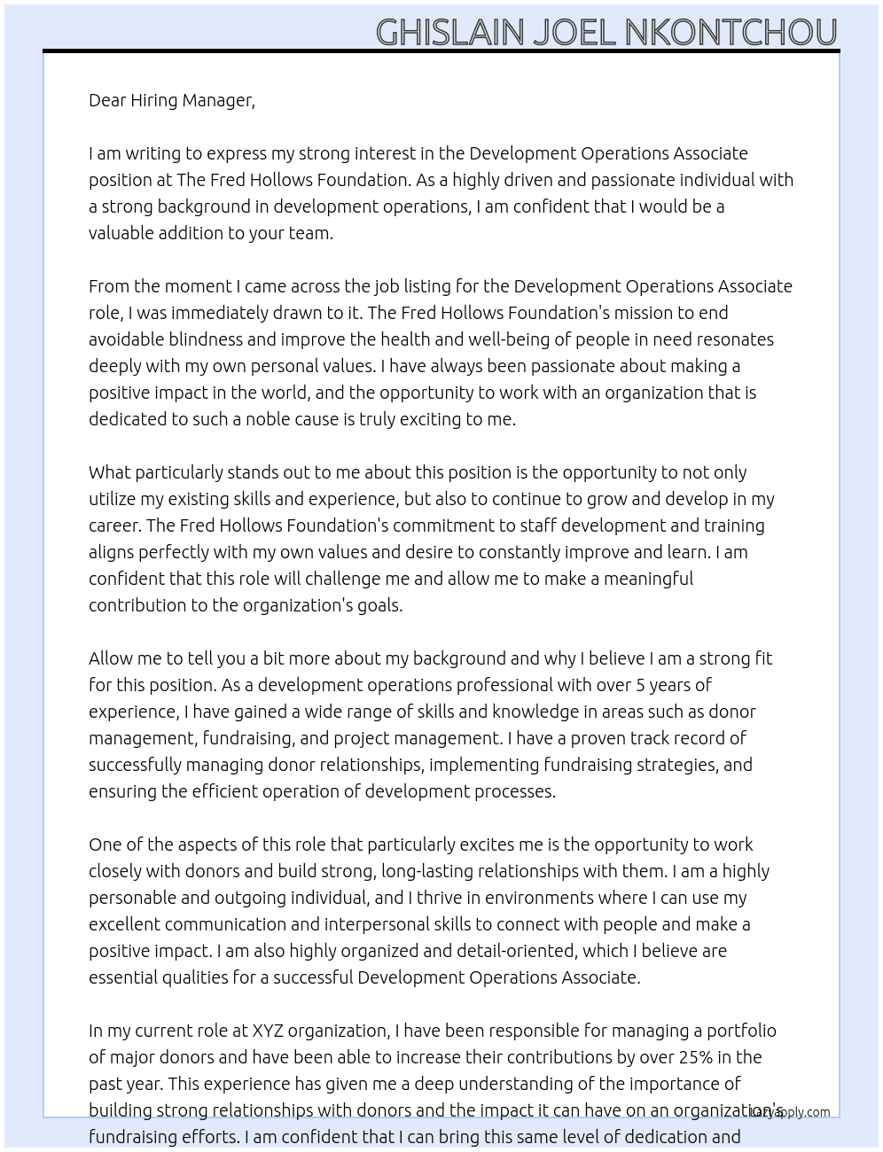 Development Operations Associate At The Fred Hollows Foundation Cover Letter