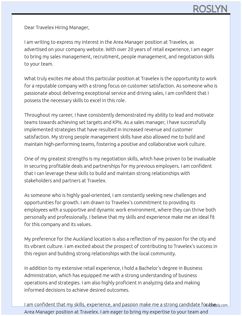 Area Manager  At Travelex Cover Letter