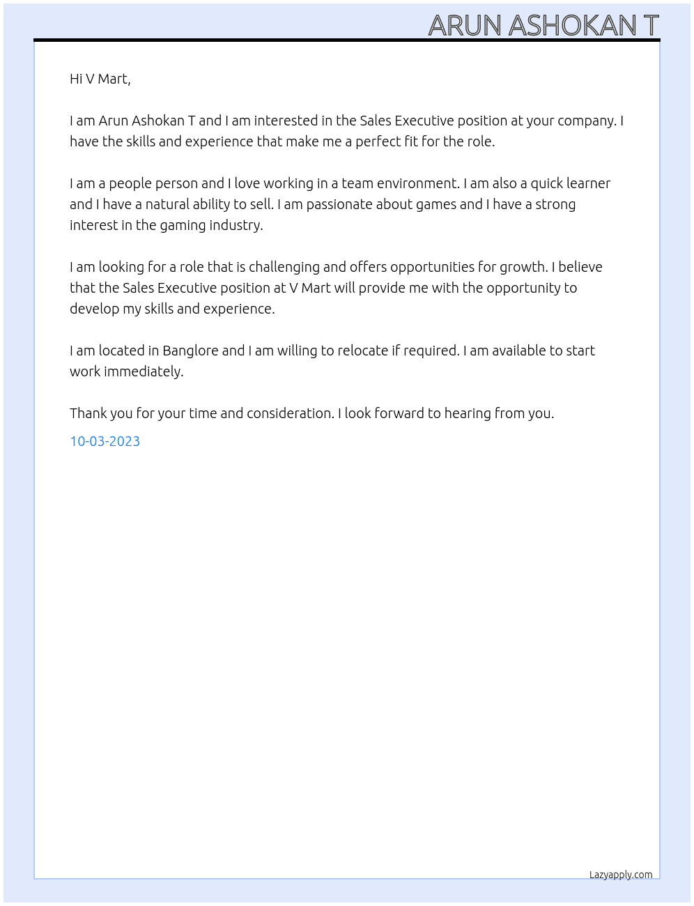 Sales Executive  At V Mart Cover Letter