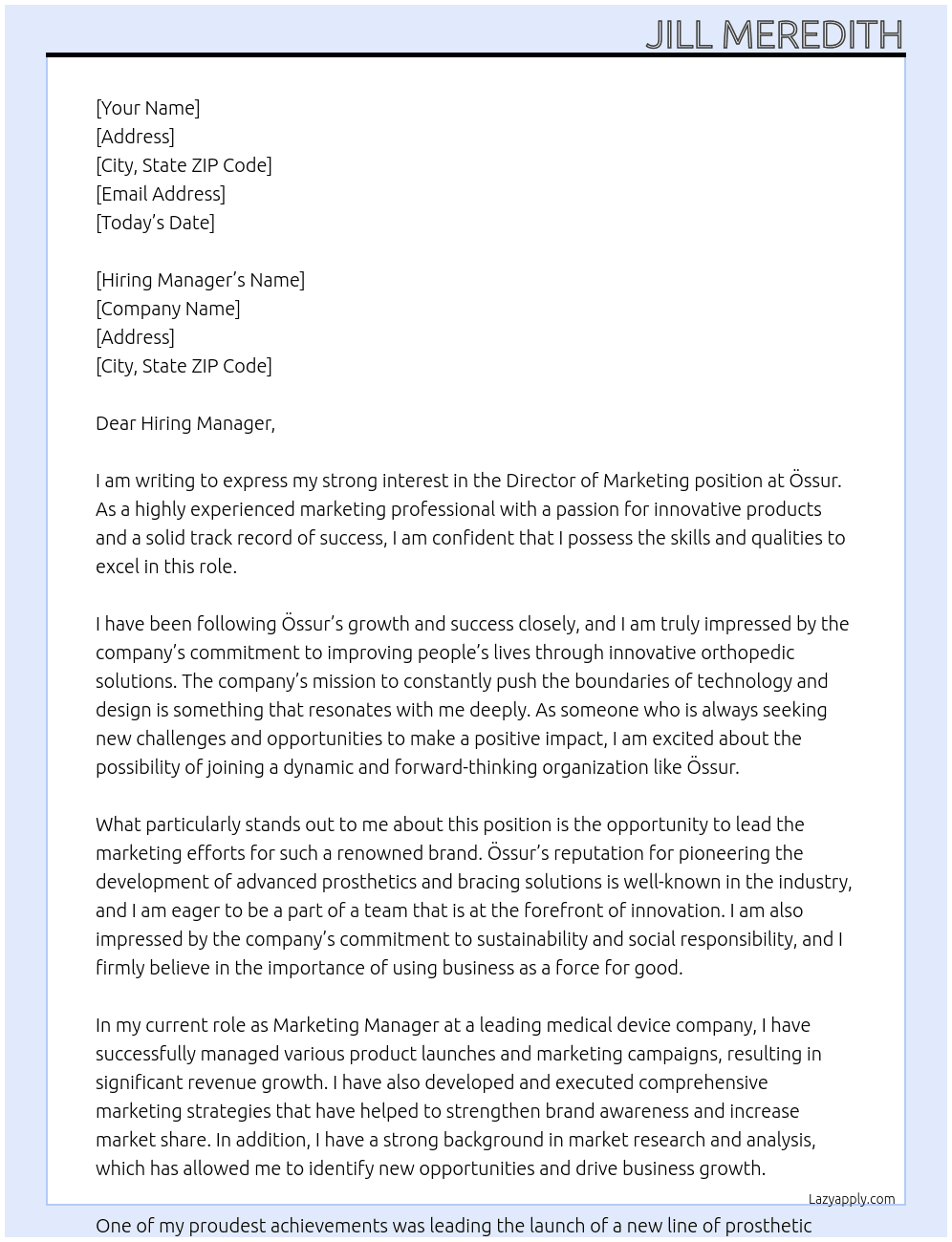 Director of Marketing  At Össur Cover Letter