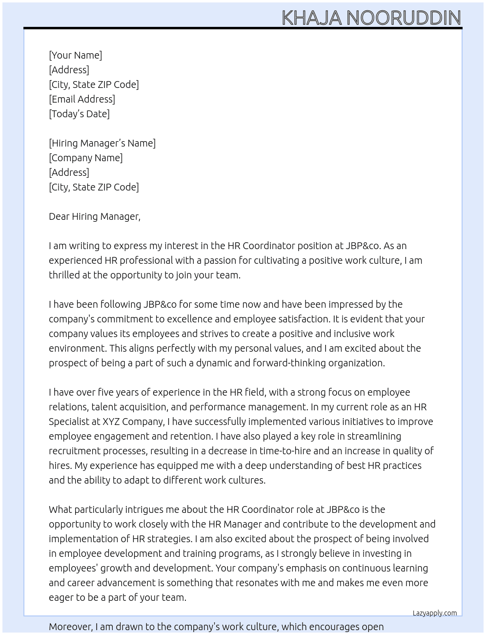 HR Coordinator At JBP&co Cover Letter