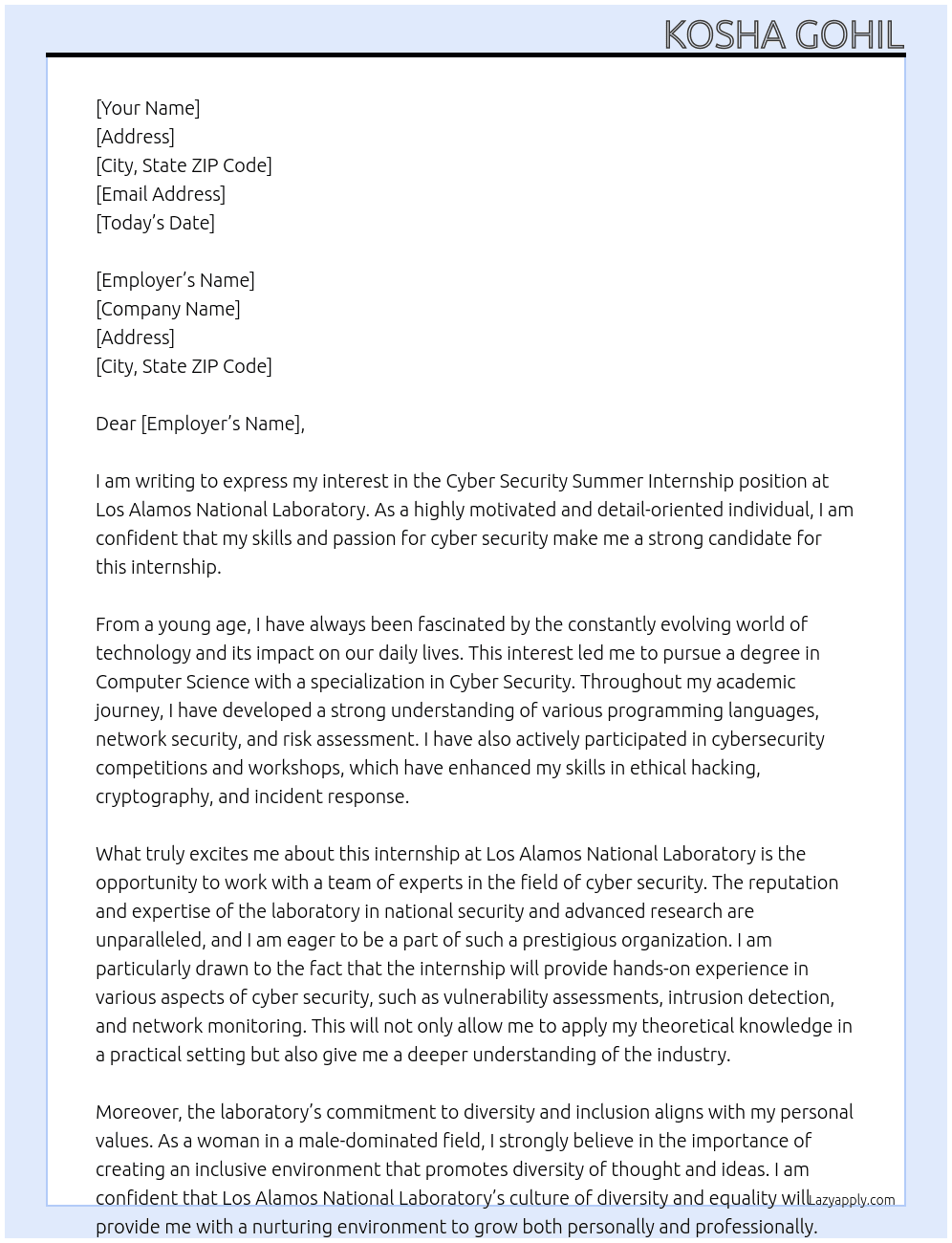 Cyber Security Summer Internship At Los Alamos National Laboratory Cover Letter