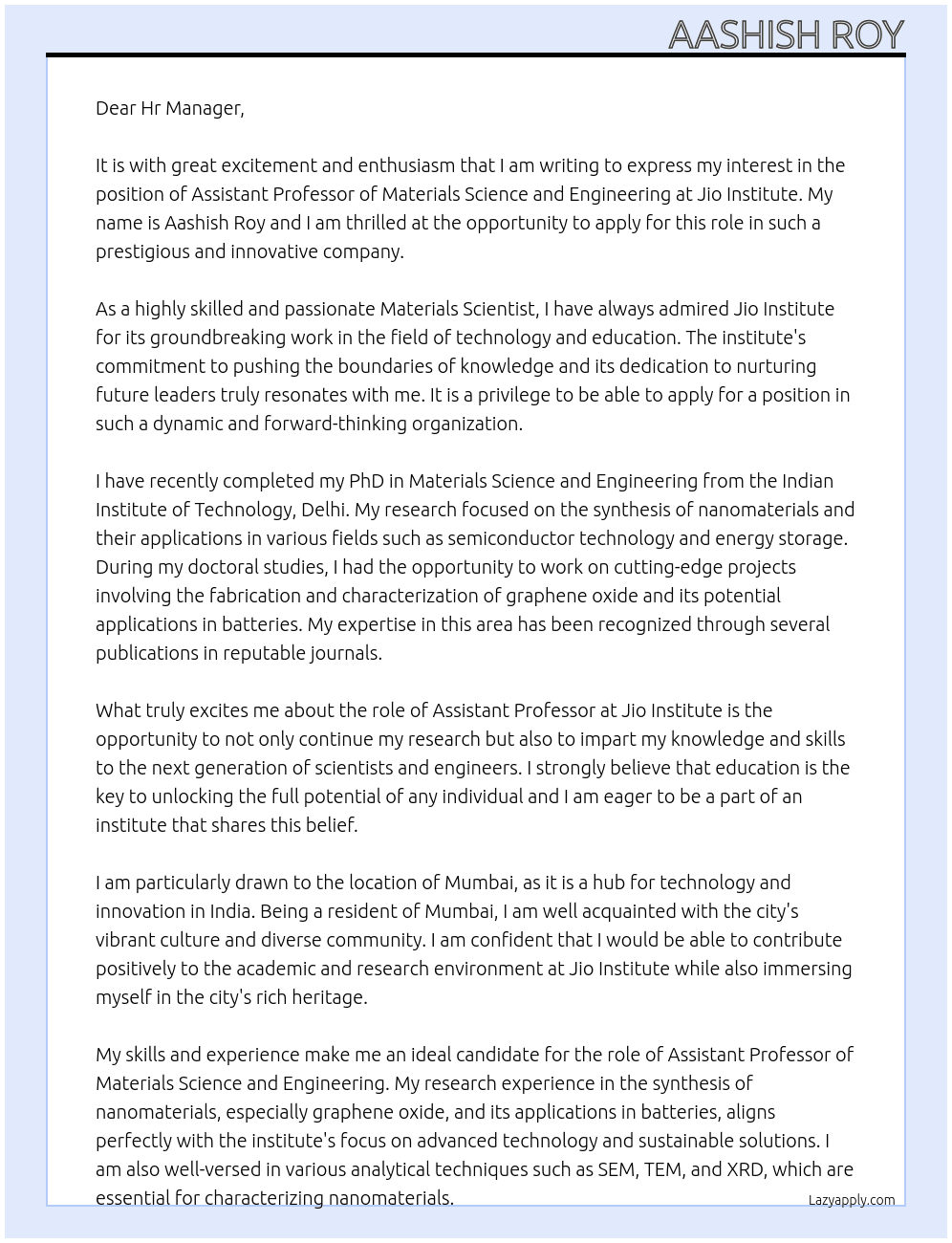 Assistant Professor of Materials Science and Engineering At Jio Institute Cover Letter