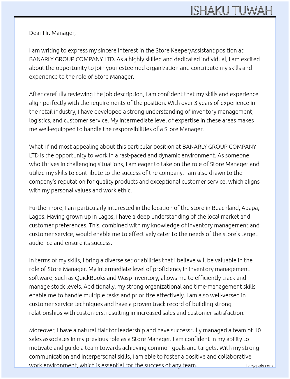 Store keeper/or assistant  At BANARLY GROUP COMPANY LTD. Cover Letter