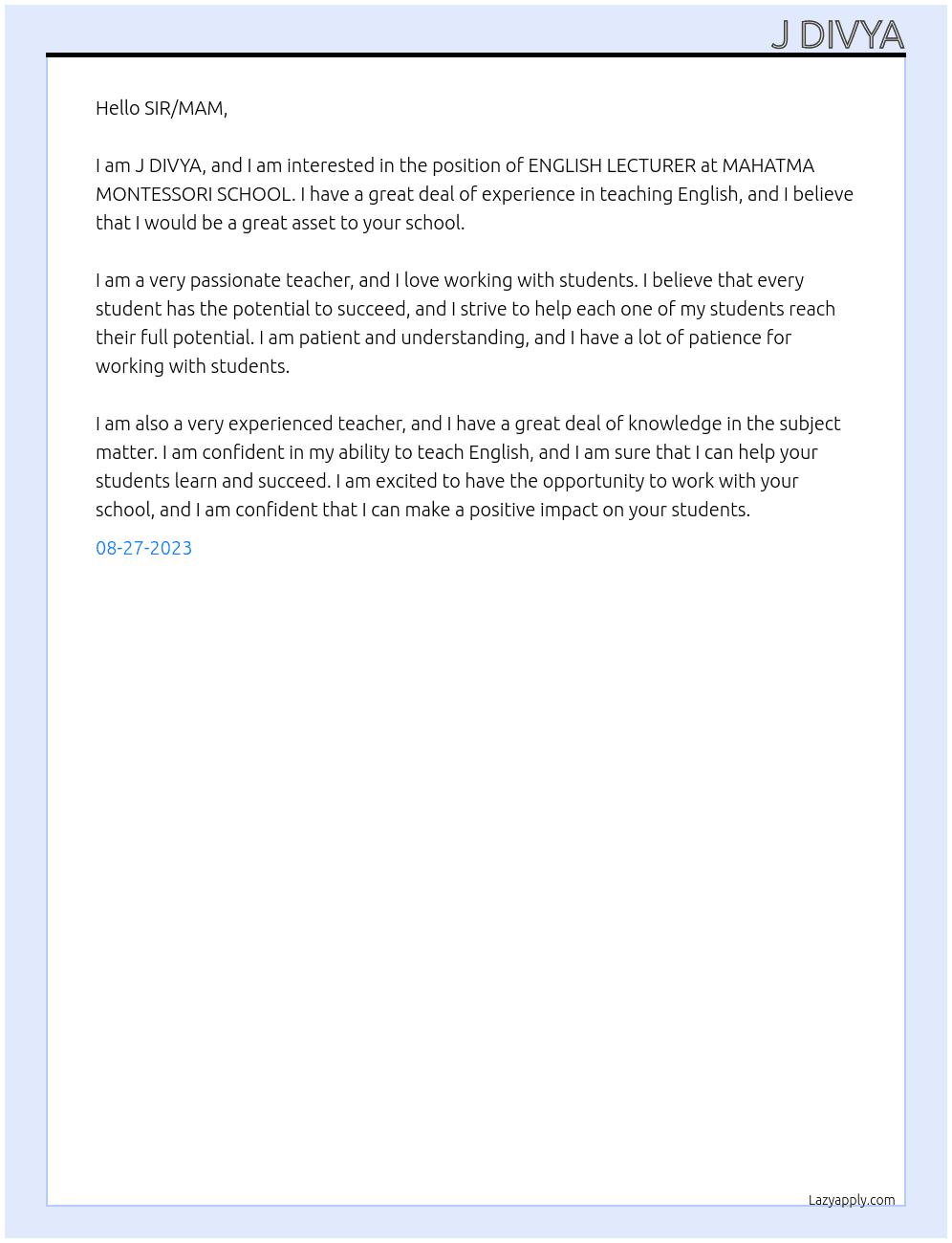 ENGLISH LECTURER At MAHATMA MONTESSORI SCHOOL Cover Letter