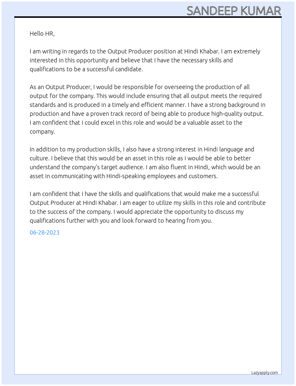 Output Producer At Hindi Khabar Cover Letter