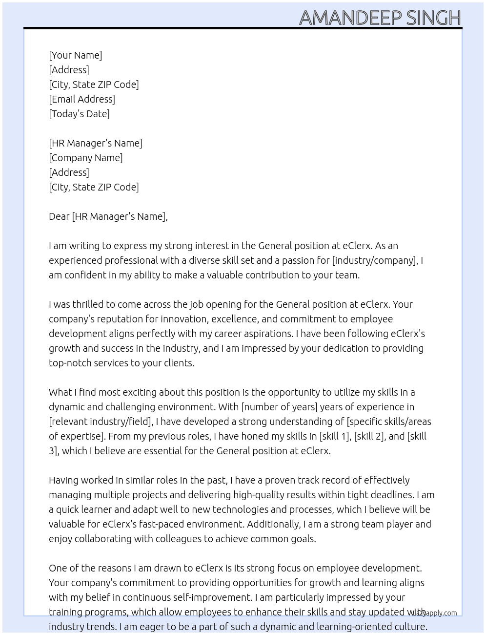 General At eClerx Cover Letter