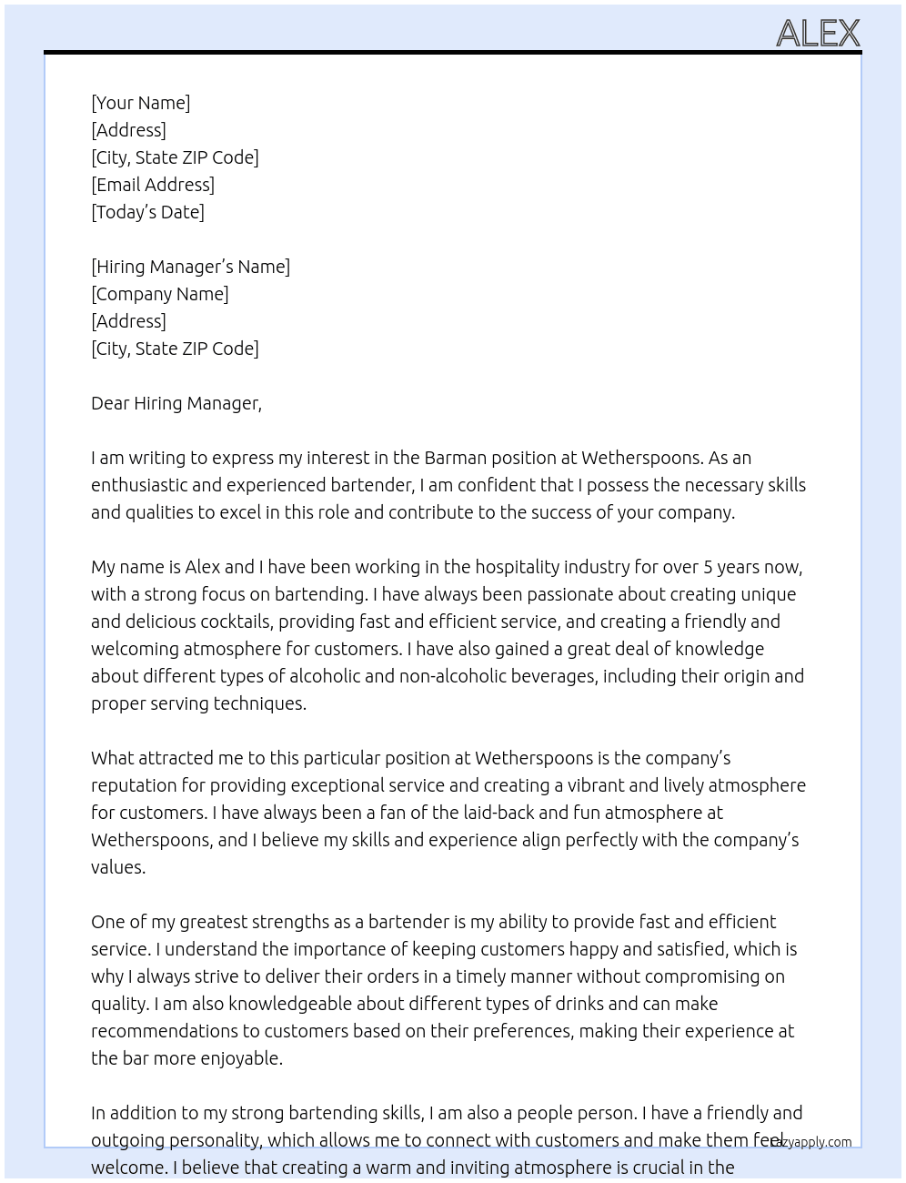 Barman At Wetherspoons Cover Letter