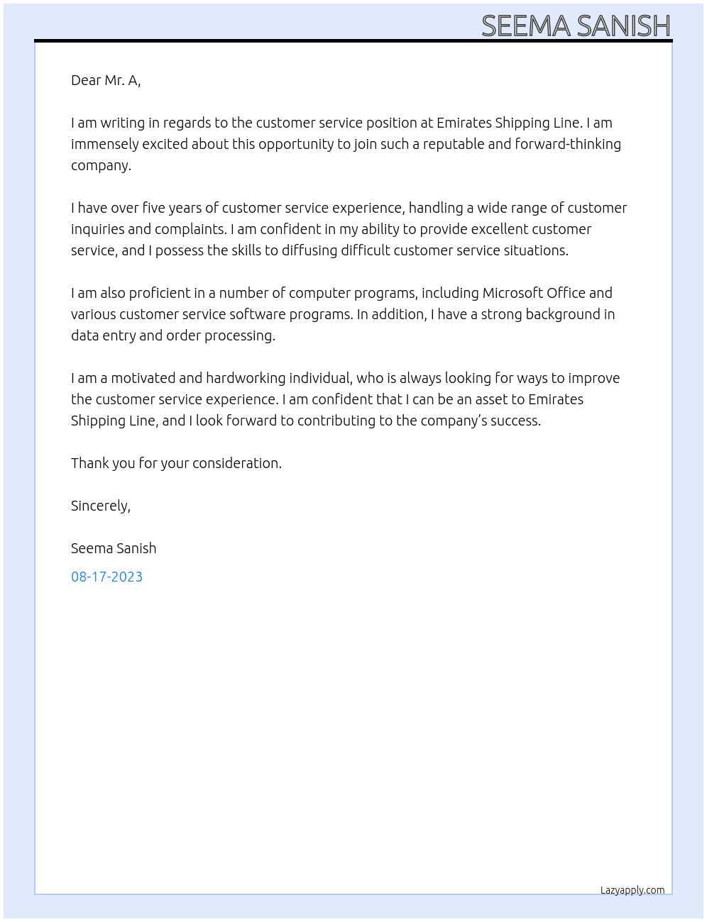Customer Service At Emirates Shipping Line Cover Letter