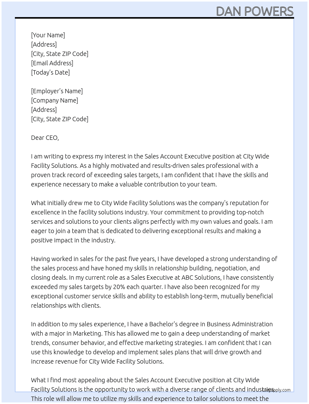 SALES ACCOUNT EXECUTIVE At City Wide Facility Solutions Cover Letter