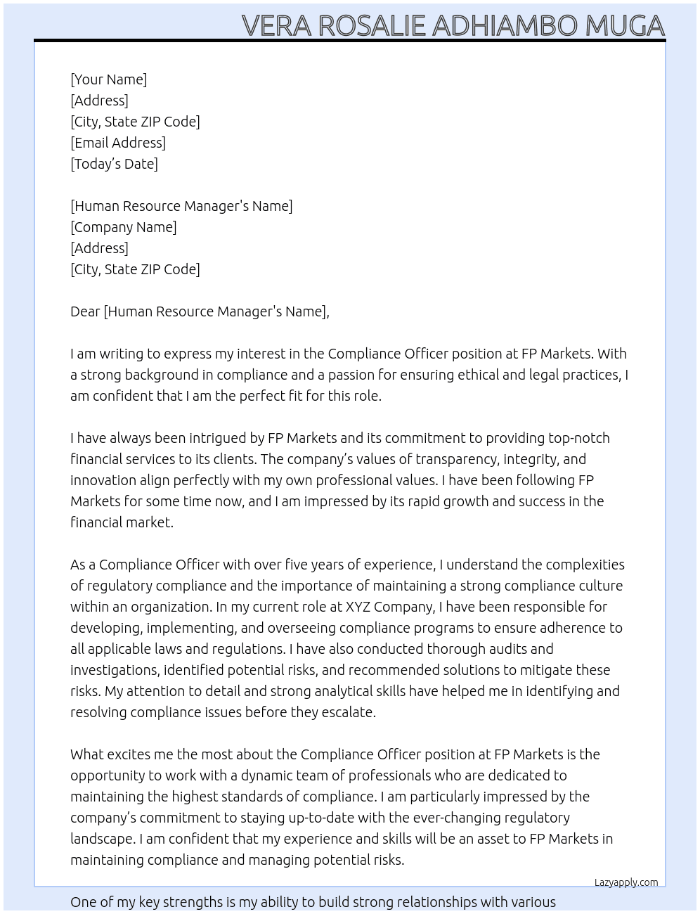 Compliance officer At FP MARKETS Cover Letter