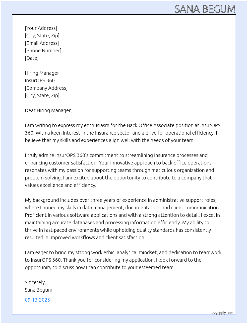 Back office Associate At InsurOPS 360 Cover Letter