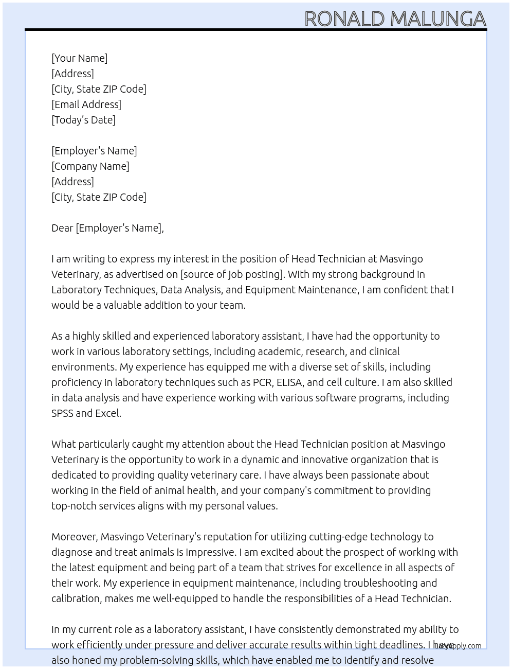 laboratory assistant At Masvingo Veterinary Cover Letter