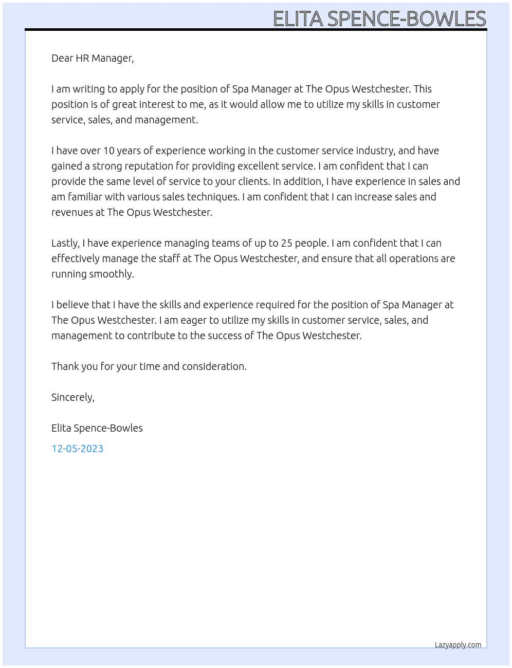 Spa Manager At The Opus Westchester Cover Letter