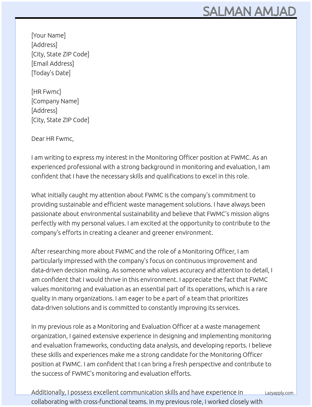 Monitoring Officer At fwmc Cover Letter