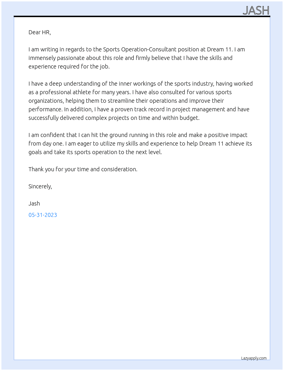 Sports Operation-Consultant At Dream 11 Cover Letter