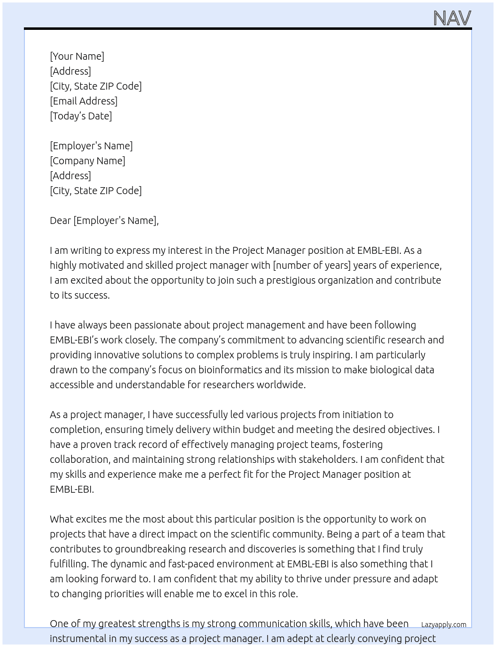 project manager At EMBL-EBI Cover Letter