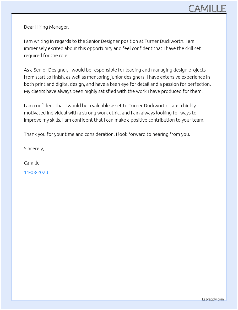 Senior Designer At Turner Duckworth Cover Letter