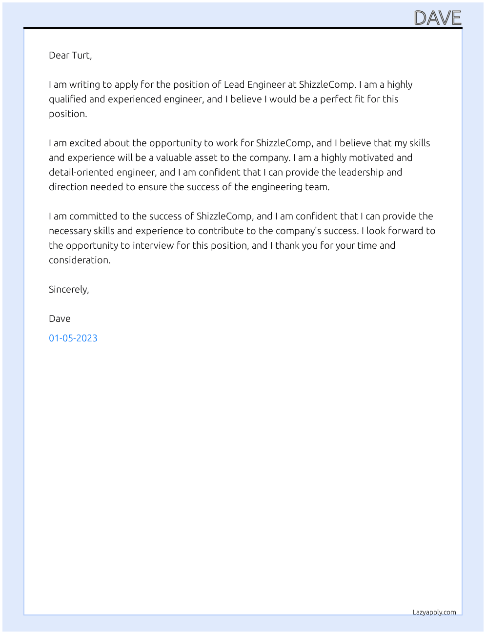 Lead Engineer At ShizzleComp Cover Letter