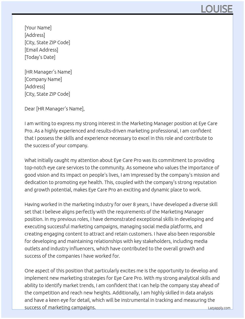 Marketing Manager   At Eye Care Pro Cover Letter