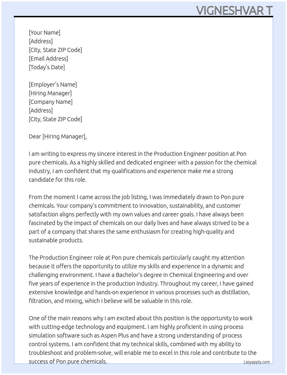 production engineer At Pon pure chemicals Cover Letter