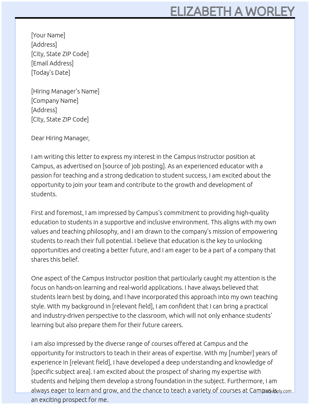 Campus Instructor At Campus Cover Letter
