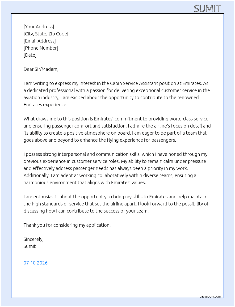 Cover letter for cabin service assistant - LazyApply