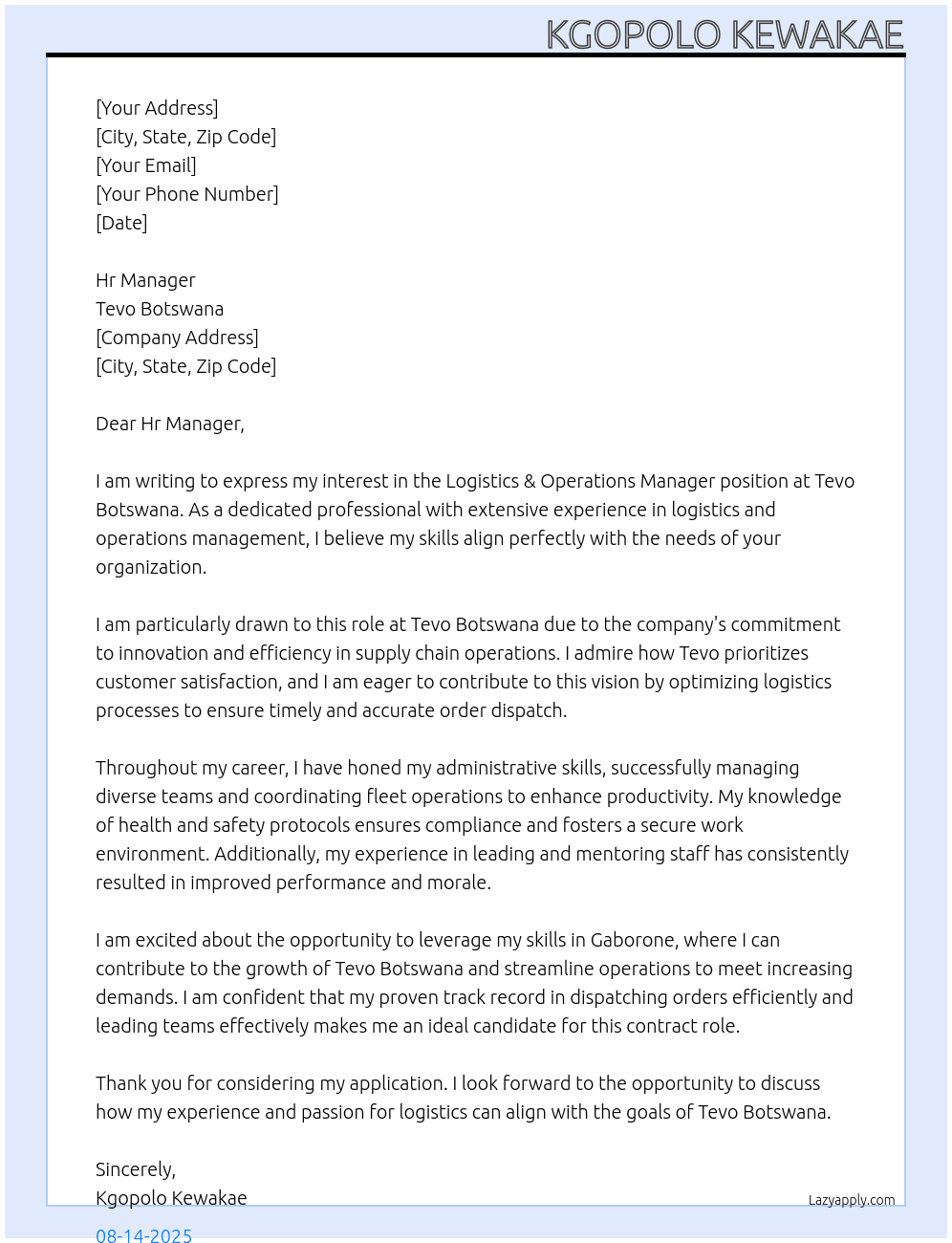 Logistics & Operations Manager At Tevo Botswana Cover Letter