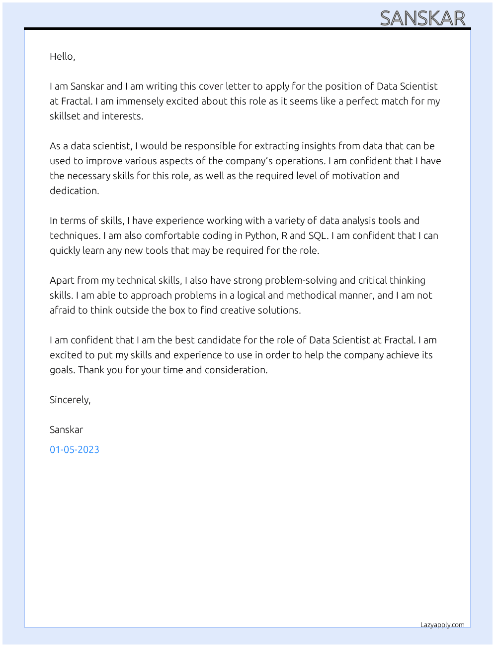 Data scientist  At Fractal  Cover Letter