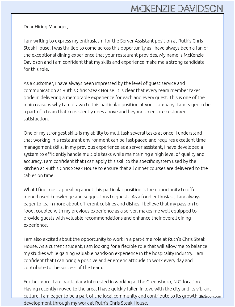 Server Assistant At Ruth’s Chris Steak House Cover Letter