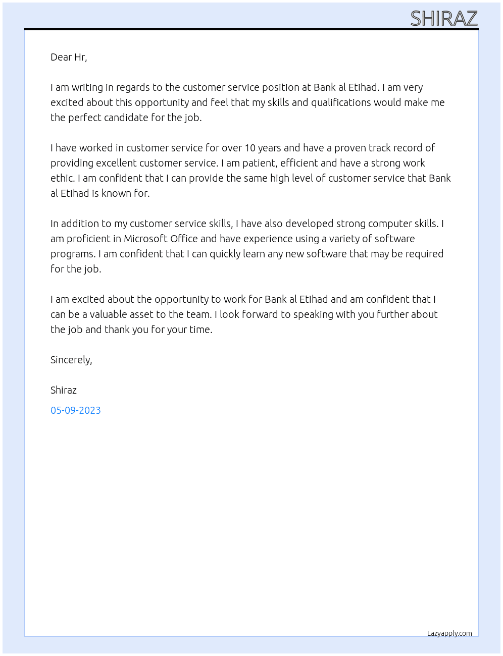 Customer Service  At Bank al Etihad Cover Letter