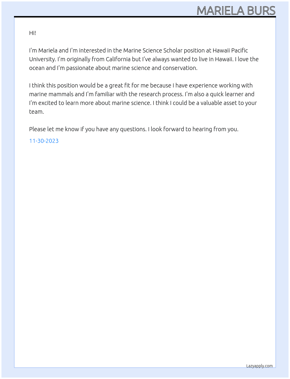 Marine Science Scholar At Hawaii pacific university Cover Letter