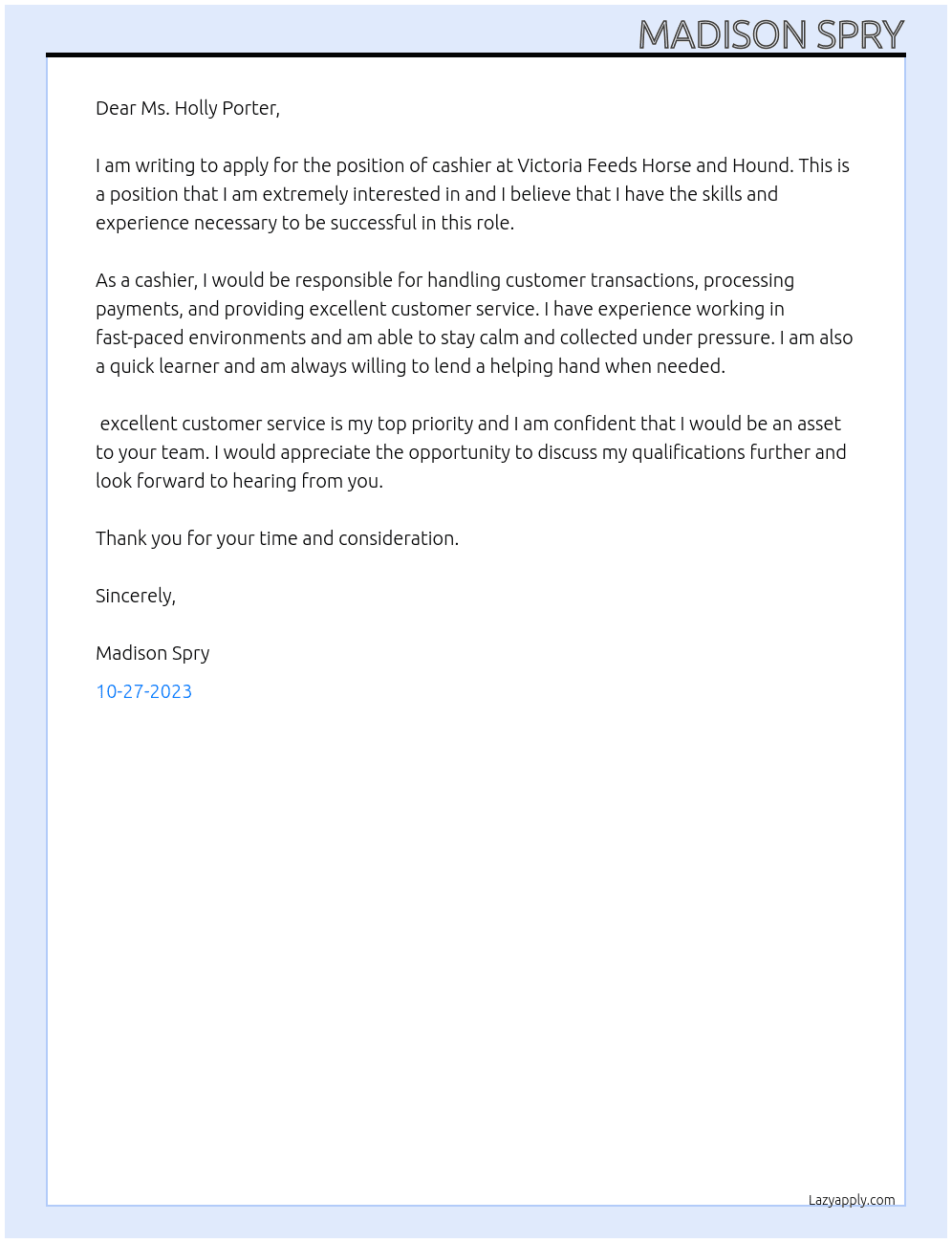 cashier  At Victoria Feeds Horse and Hound Cover Letter