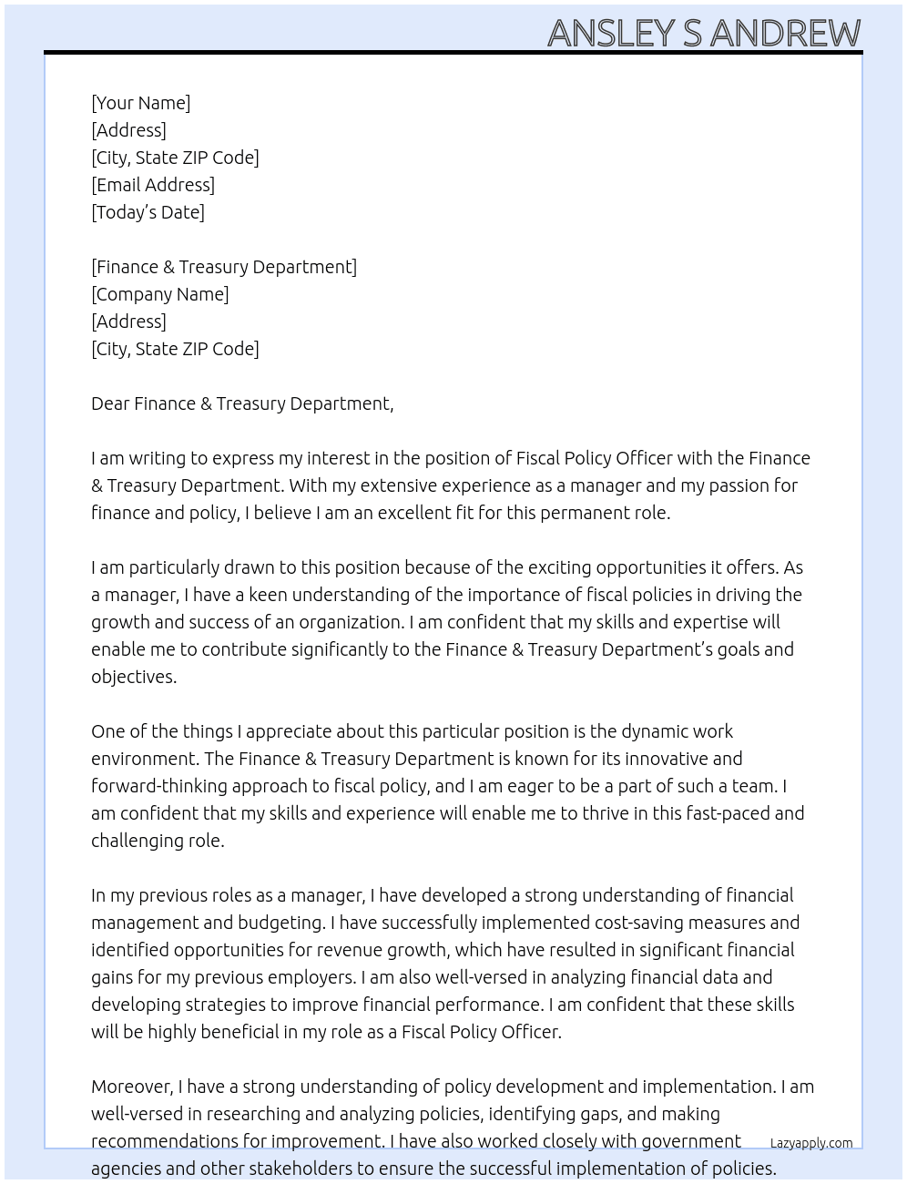 Fiscal Policy Officer At Finance & Treasury Department Cover Letter