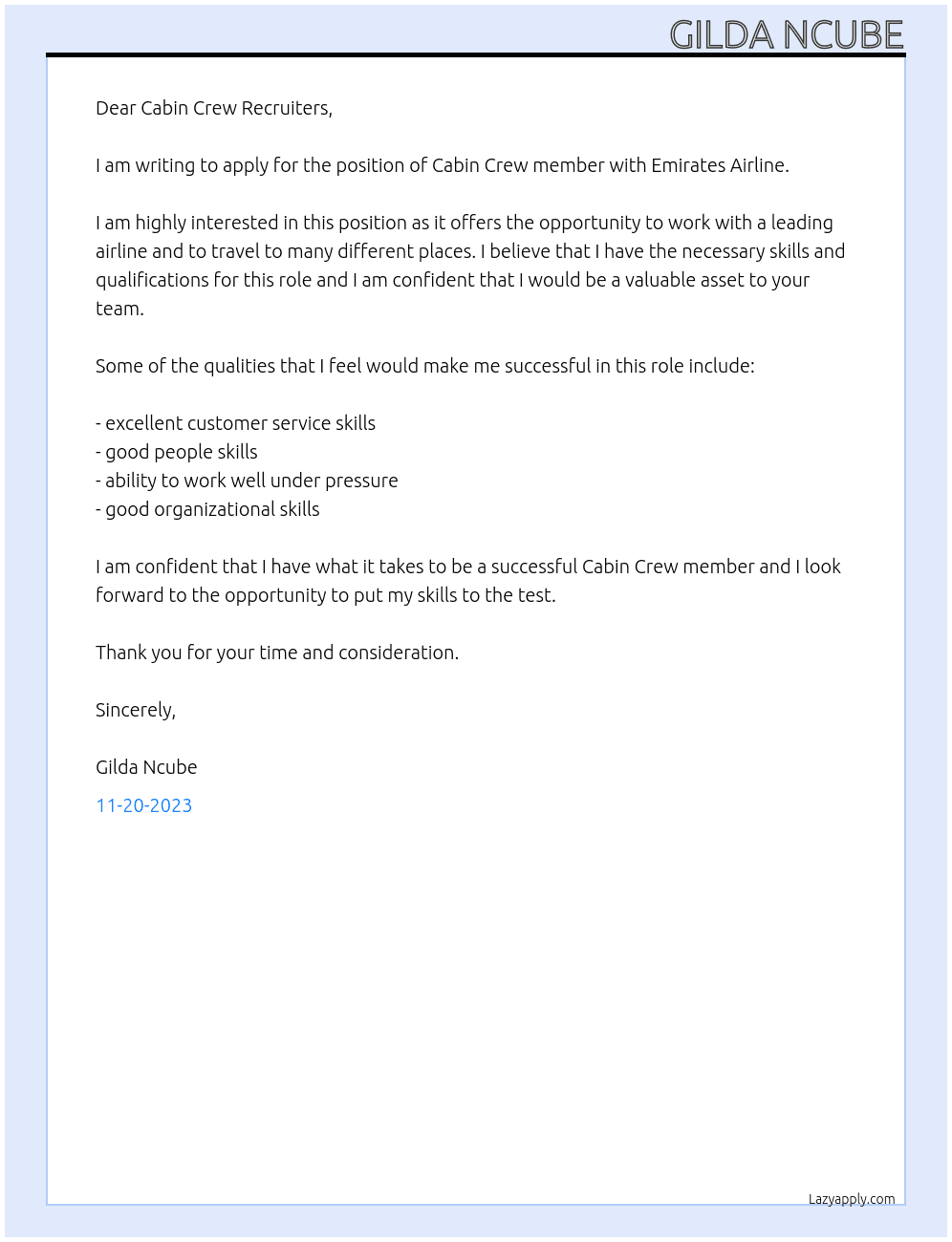 Cabin Crew member At Emirates Airline Cover Letter